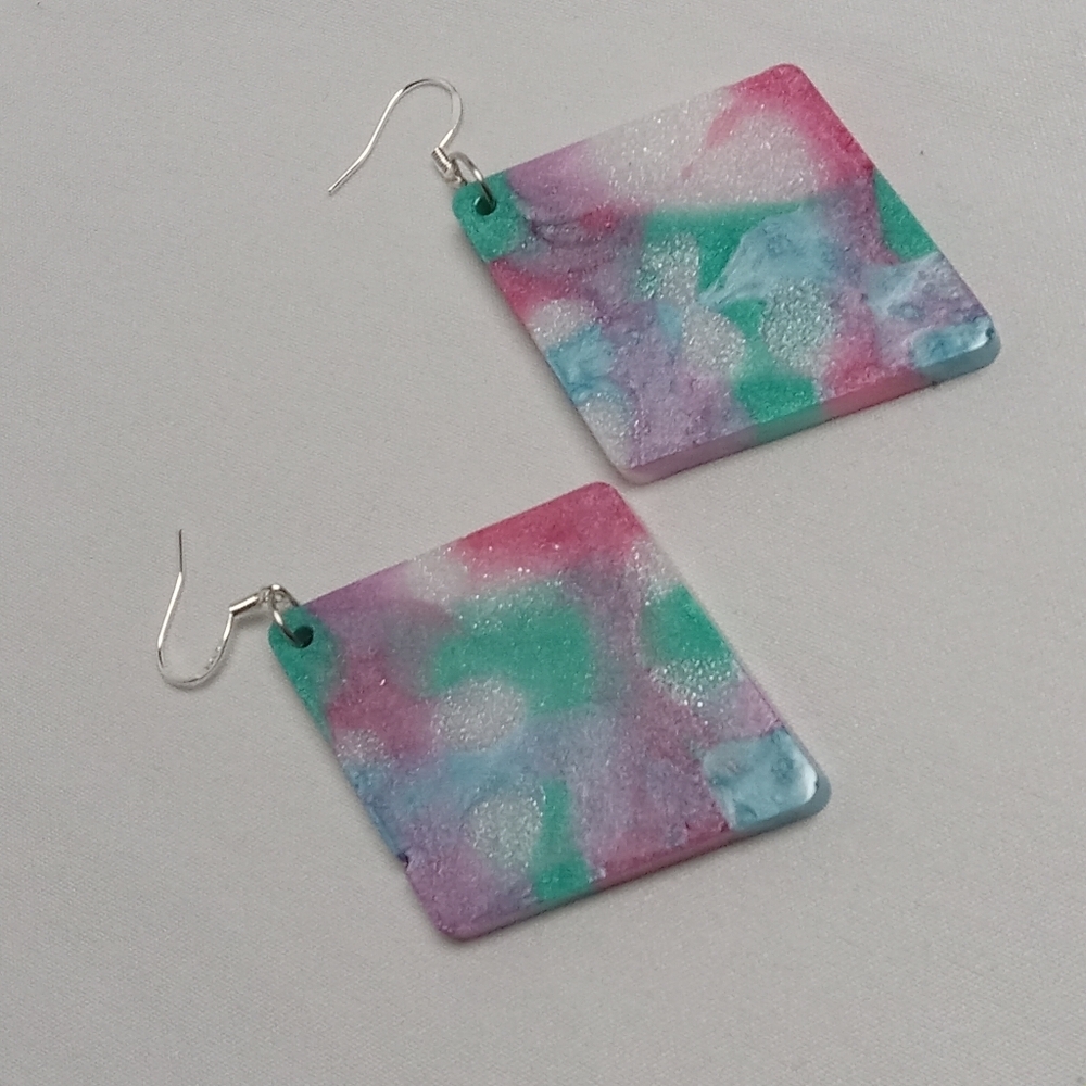 Hand Crafted Pink and Green Earrings with Watercolor Design - Picture 2 of 5
